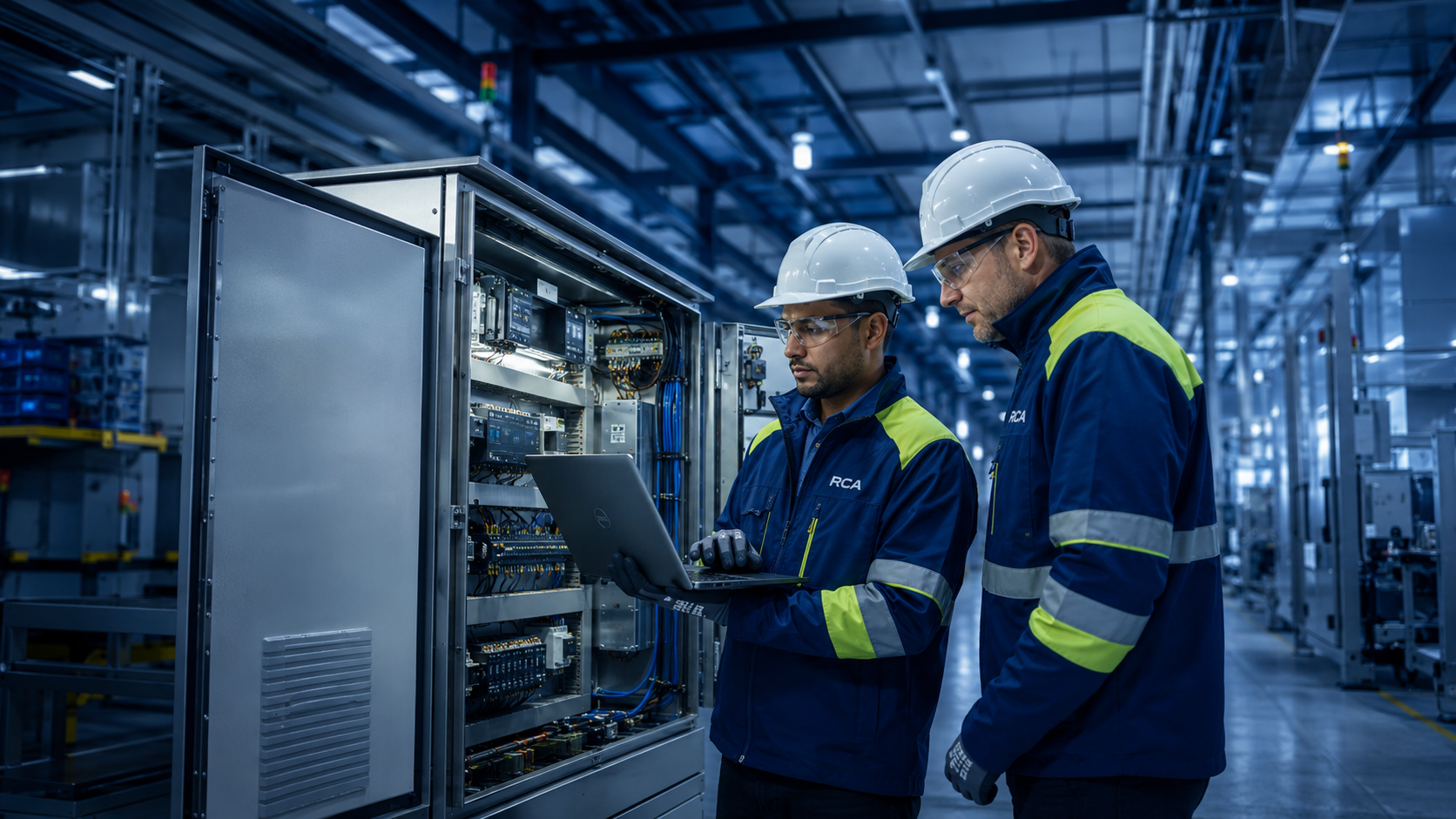 RCA Industrial engineers reviewing an open control cabinet