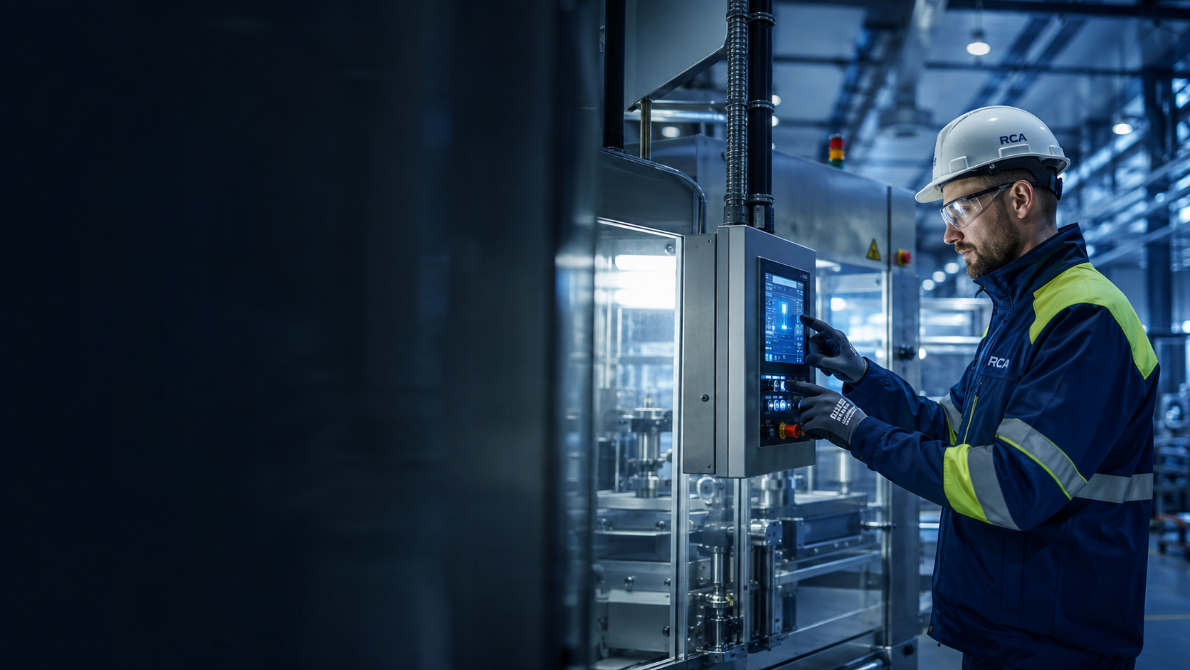 RCA Industrial engineer operating a control panel in a factory