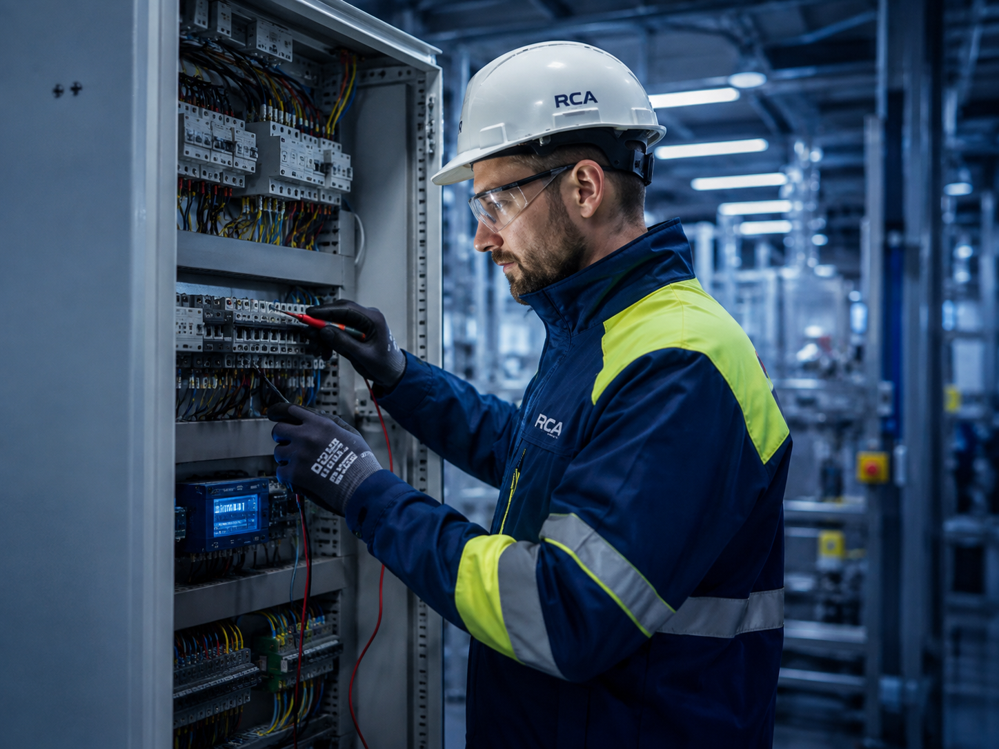 Engineer working on an industrial control cabinet