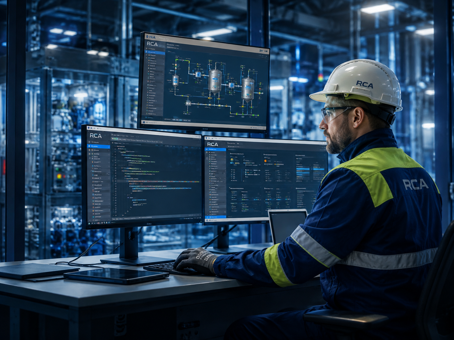 Engineer reviewing PLC and SCADA screens